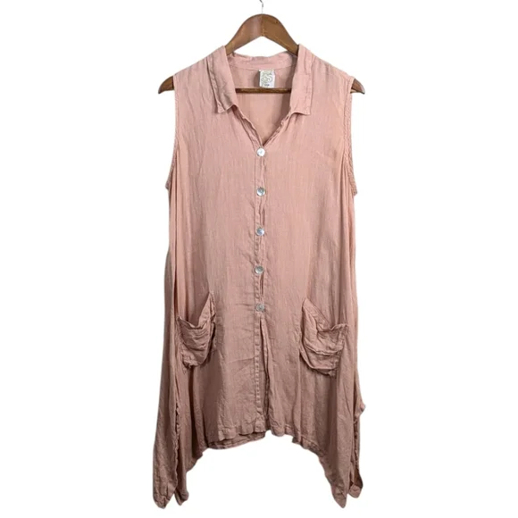 Match Point USA Linen Tunic Top Large Peach Asymmetrical Button Lagenlook - Picture 1 of 11